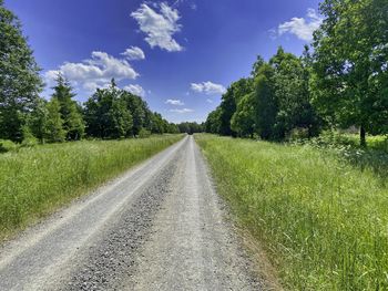 Empty road amidst trees on field against sky