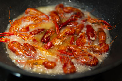 High angle view of meat in cooking pan