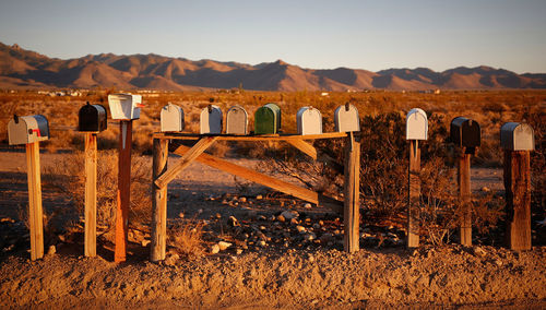 View of mailboxes in the desert