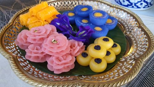 High angle view of dessert in plate on table