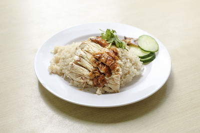 High angle view of food in plate on table