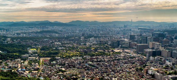 High angle view of townscape against sky during sunset