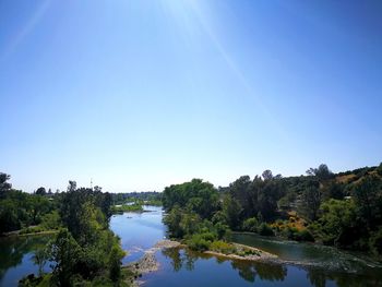 Scenic view of lake against clear blue sky