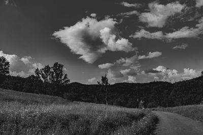 Empty road amidst field against sky