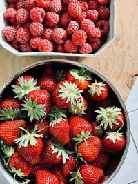 High angle view of strawberries in bowl on table