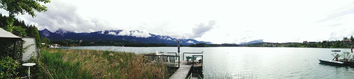 Scenic view of lake against cloudy sky