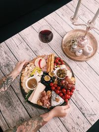 High angle view of food served on table