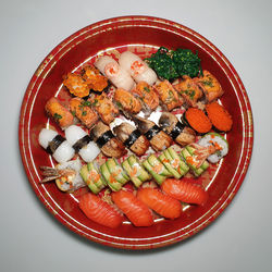 High angle view of vegetables in plate on table