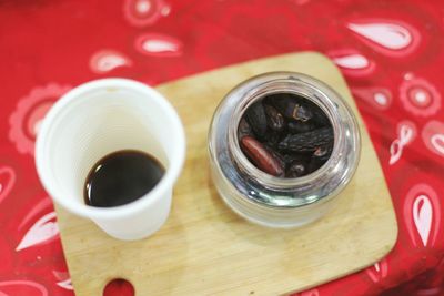 High angle view of drink in jar on table