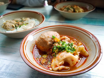 High angle view of food served on table, mie bakso delicious of indonesian food