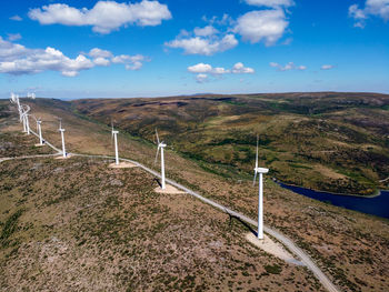 Aerial view of wind turbines for power generation. concept eco clean energy production. renewable 