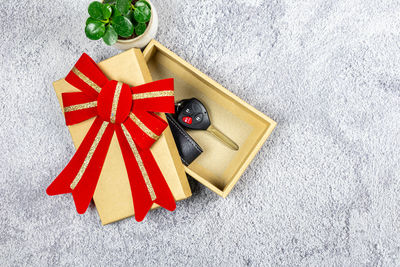 High angle view of christmas decoration in box
