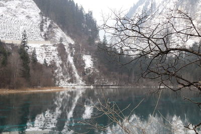 Beatiful landscape of a lake between mountains with reflexion of trees in the water in jiuzhaigou 