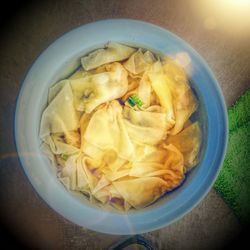 Close-up of noodles in bowl on table