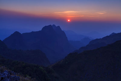 Scenic view of silhouette mountains against sky at sunset