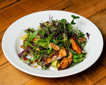 High angle view of salad in plate on table