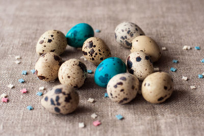 High angle view of eggs on table