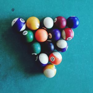 High angle view of multi colored balls on table