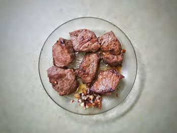 High angle view of meat in plate