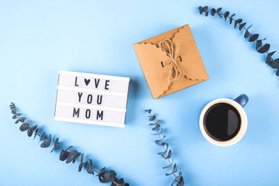 High angle view of coffee cup on table