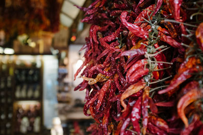 Close-up of red chili peppers for sale in market