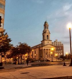 View of city lit up at night