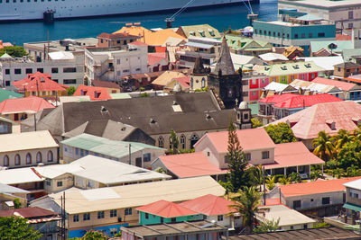 High angle view of houses in city