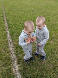 High angle view of brothers standing on grassy field