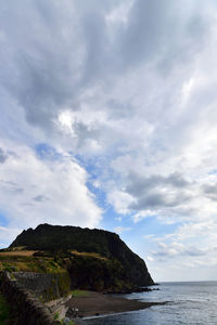 Scenic view of sea and mountains against sky