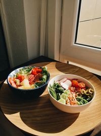 High angle view of meal served on table