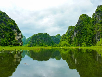 Scenic view of lake by trees against sky