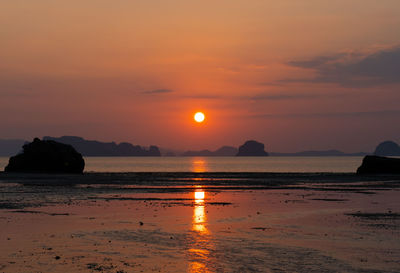 Beautiful sunset on the beach in summer with reflection of the sun in water