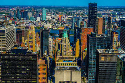 High angle view of modern buildings in city