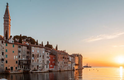 Picturesque seaside town of rovinj at sunset, golden hour.