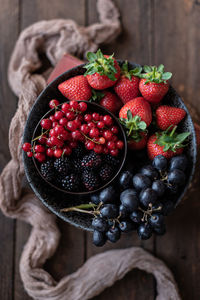 High angle view of strawberries on table