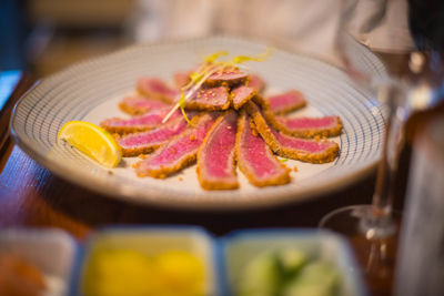 Close-up of breakfast served on table