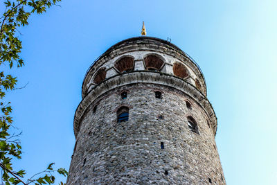 Low angle view of lighthouse against blue sky