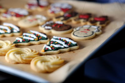 High angle view of cookies on table