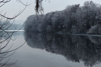 Reflection of trees in lake against sky during winter