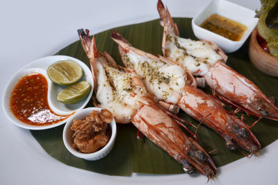 High angle view of breakfast served on table