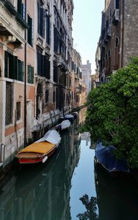 Boats moored on canal in city against sky