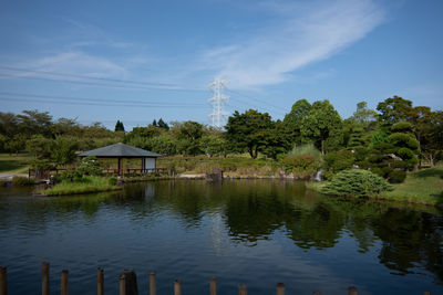 Scenic view of lake by building against sky