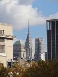 Modern buildings against cloudy sky