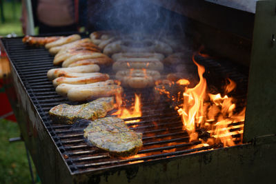 Close-up of meat on barbecue grill