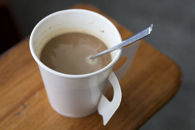 High angle view of tea cup on table