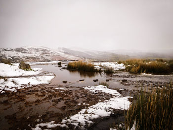 Scenic view of lake against clear sky during winter