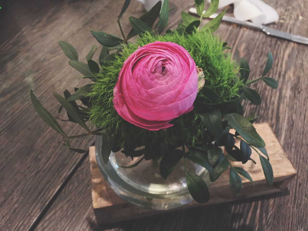 flower, table, wood - material, plant, petal, leaf, high angle view, rose - flower, nature, fragility, potted plant, no people, indoors, flower head, freshness, vase, beauty in nature, pink color, close-up, day