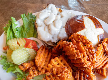 High angle view of food served in plate