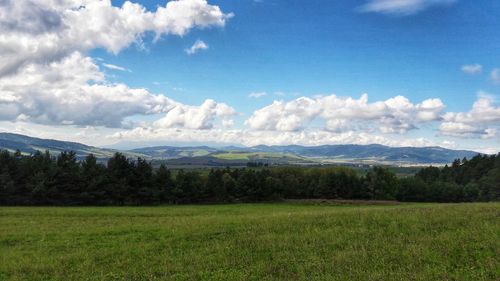 Scenic view of field and mountains against sky