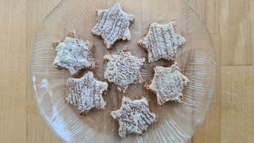 High angle view of cookies on table